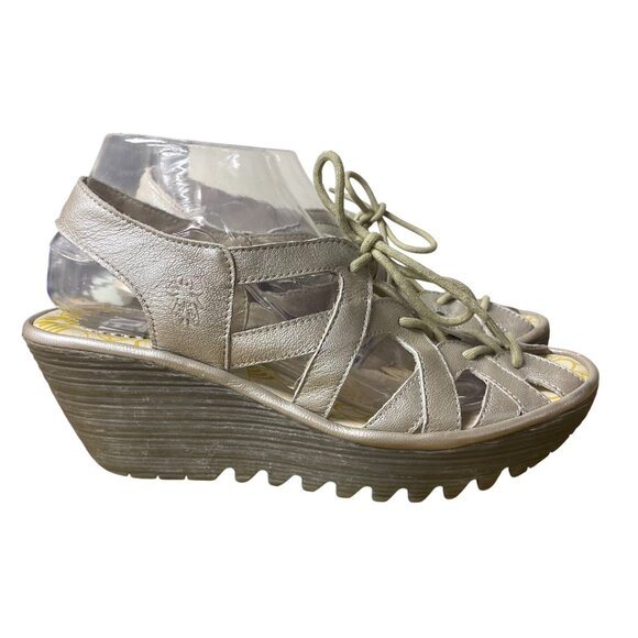 Fly London Yapi Leather Lace Up Wedge Sandals Silver Sz 40 (EU) - Picture 3 of 11